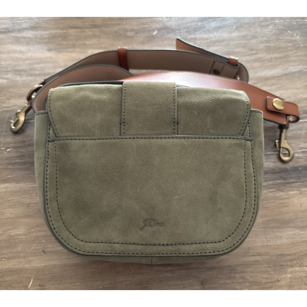 J.Crew Italian Suede Green Crossbody Bag Flap Magnetic Gold Buckle Brown Strap - Picture 2 of 7